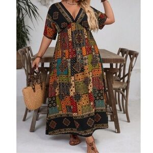 Plus Bohemian Patchwork Print Maxi Dress 1X 2X 3X 4X